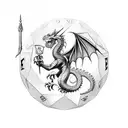 Red Dragon in the center, D20 Dice in the center below, an axe and sword crossed at the back in the center of a shield tattoo design idea