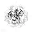 Red Dragon in the center, D20 Dice in the center below, an axe and sword crossed at the back in the center of a shield tattoo design idea