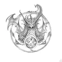 Red Dragon in the center, D20 Dice in the center below, an axe and sword crossed at the back in the center of a shield tattoo design idea
