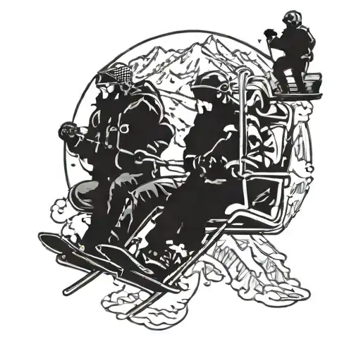 4 people on a Chair lift 3 of them are snowboarders and one is a skier, put "Dawgs" in the bottom left hand corner  tattoo design idea