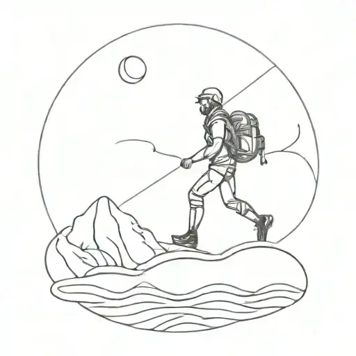 A minimalist design of a hiker silhouette against a backdrop of a crescent moon and waves tattoo design idea