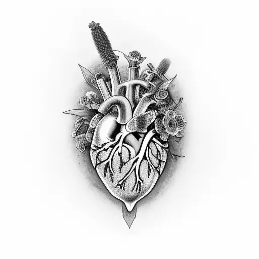 anatomic heart with toxic foxglove flower(digitalis purpurea l) growing out aorta tattoo design idea