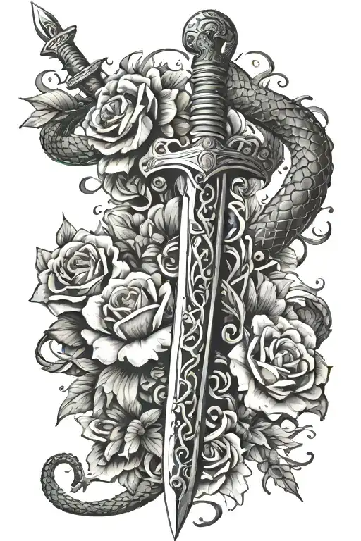 sword wrapped with flowers and a snake around it  tattoo design idea