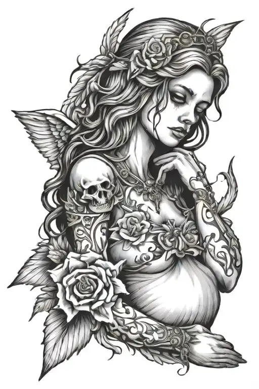day two dead female angel tattoo design idea