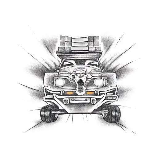 Design a traditional tattoo featuring a monster truck jumping over a pile of dominoes tattoo design idea