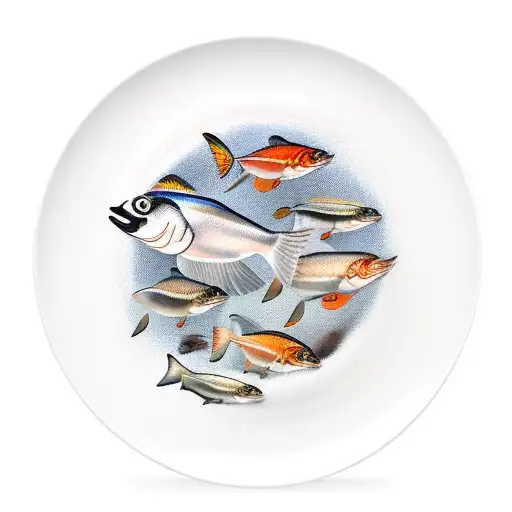 A server balancing a platter of fish on one hand with a flock of seagulls flying above tattoo design idea