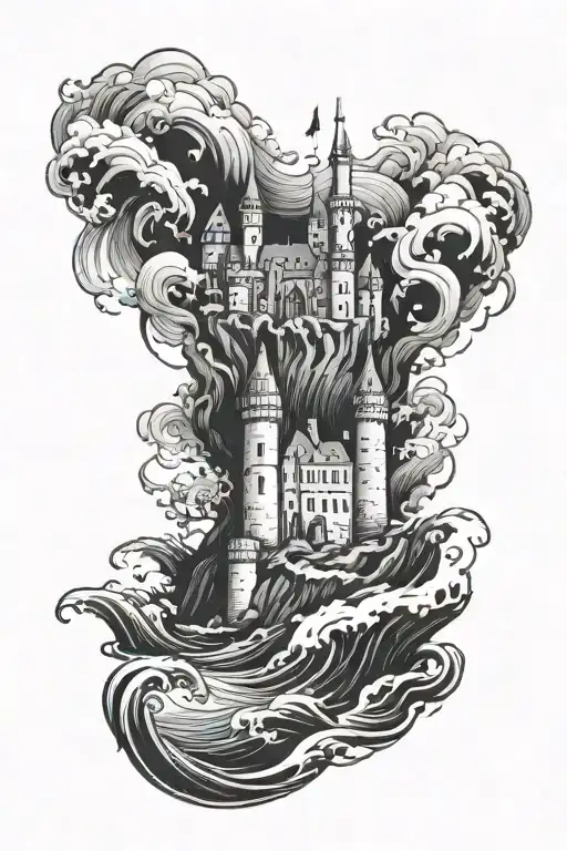  a castle in ruins, in a dark sea waves tattoo design idea