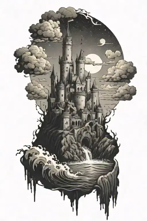 a castle in ruins, in a dark sea waves tattoo design idea