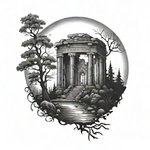 A dotwork tattoo of a moonlit ruin surrounded by trees, symbolizing the beauty of the night and ancient history tattoo design idea