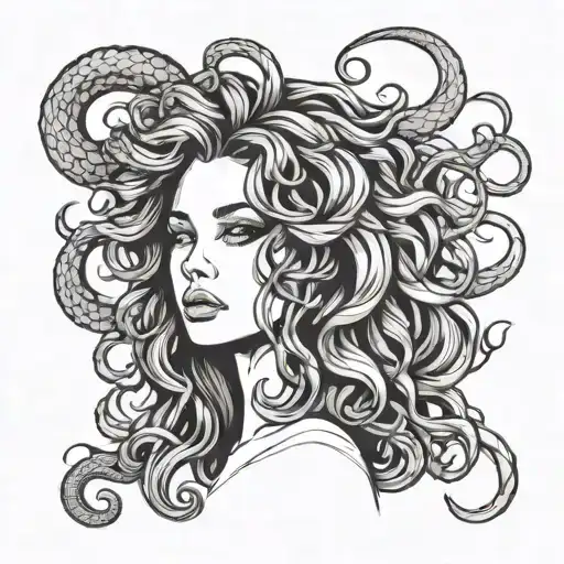 minimalistic medusa inspired. girl face with long brown wavy hair. pretty bug eyes. gentle features. snake in hair tattoo design idea