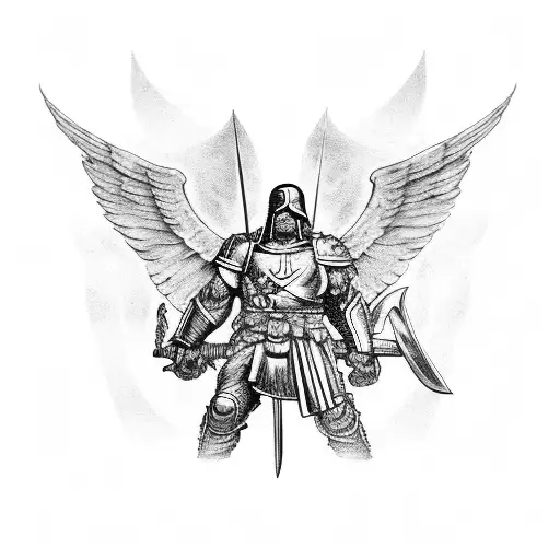 Soldier of God writing with sword, wings, and spartan soldier tattoo design idea