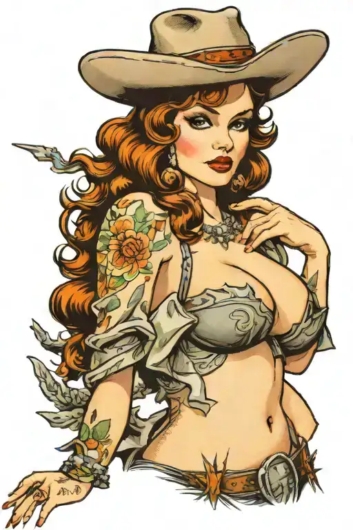 sexy lady with a cowboy hat squeezing her breast forward  tattoo design idea