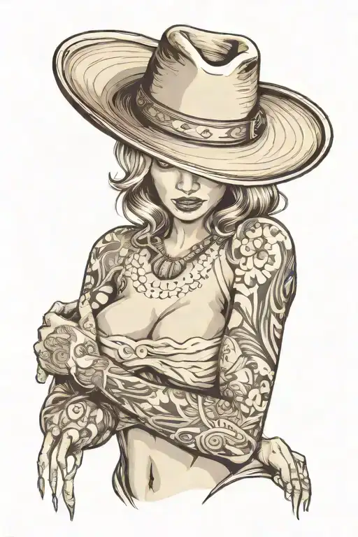 sexy lady with a cowboy hat crossing her hands and squeezing her breast  tattoo design idea