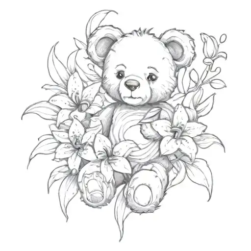 teddy bear with lilies coming tattoo design idea