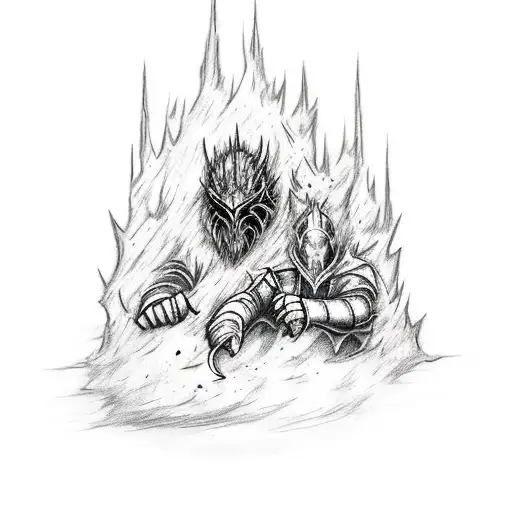 A sketch-style tattoo design showcasing Artorias and Sif  resting in a bonfire,Dark Souls series tattoo design idea