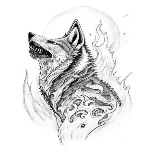 Artorias resting with his back at his wollf sif getting warm with a bonfire tattoo design idea