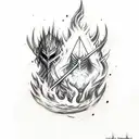 A sketch-style tattoo design showcasing Artorias and Sif  resting in a bonfire,Dark Souls series tattoo design idea