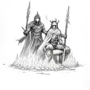 A sketch-style tattoo design showcasing Artorias and Sif  resting in a bonfire,Dark Souls series tattoo design idea