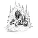 A sketch-style tattoo design showcasing Artorias and Sif  resting in a bonfire,Dark Souls series tattoo design idea