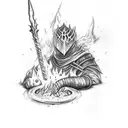 A sketch-style tattoo design showcasing Artorias and Sif  resting in a bonfire,Dark Souls series tattoo design idea