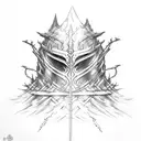 A sketch-style tattoo design showcasing Artorias and Sif in a bonfire, capturing the raw emotions and intensity of the Dark Souls series tattoo design idea