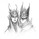 A sketch-style tattoo design showcasing Artorias and Sif in a bonfire, capturing the raw emotions and intensity of the Dark Souls series tattoo design idea