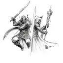 A sketch-style tattoo design showcasing Artorias and Sif in a bonfire, capturing the raw emotions and intensity of the Dark Souls series tattoo design idea