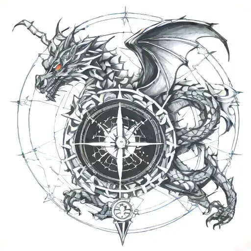 Dragon with compass tattoo design idea