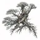 dead tree upside down where leaves fall like hourglass seeds and then underneath there is a tree with tattoo design idea