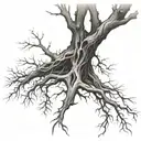 dead tree upside down where leaves fall like hourglass seeds and then underneath there is a tree with tattoo design idea