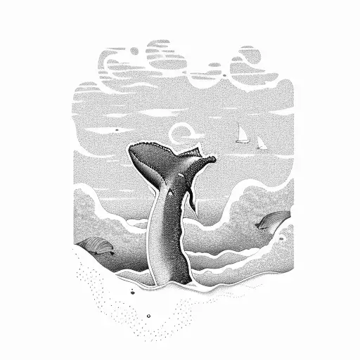 sleeve of a landscape of a beach with a whale tail sticking out in the sea in the background tattoo design idea