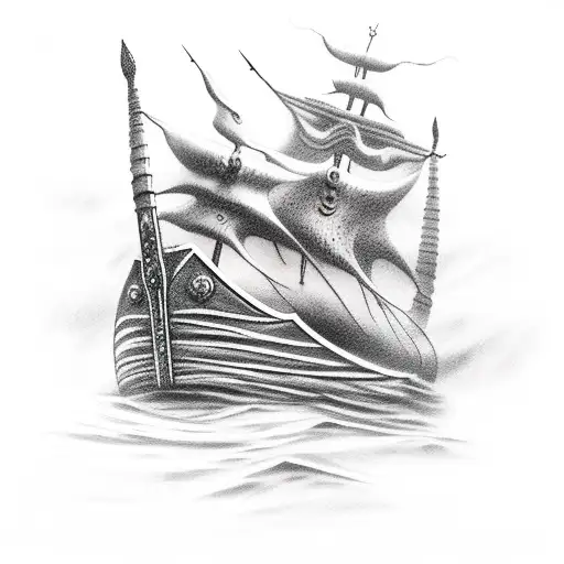 stormy sea with a Viking long boat tattoo design idea