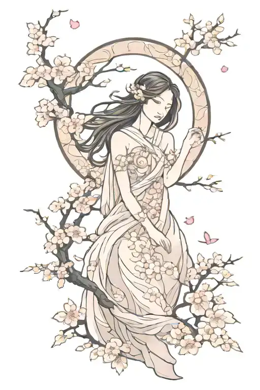 cherry blossoms, phoenix, fantasy, feminine, long, moon tattoo design idea
