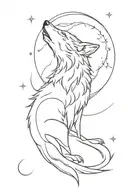 minimalist single line alpha  wolf howling to the moon tattoo design idea