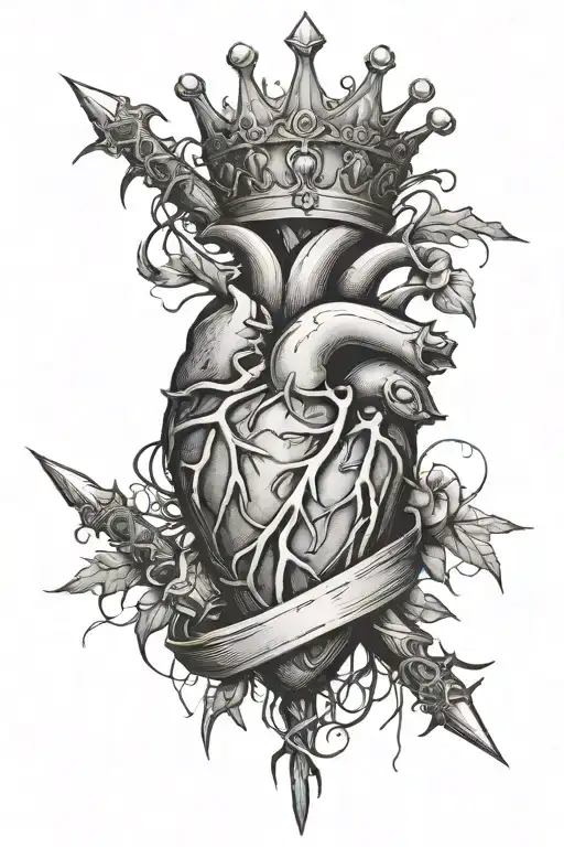 anatomical heart, crown of thorns, sword piercing tattoo design idea