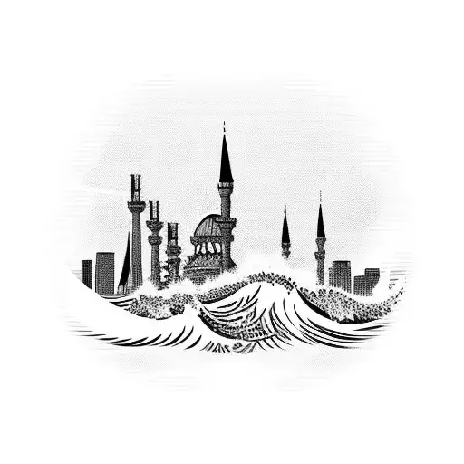 Wave with the Istanbul skyline tattoo design idea