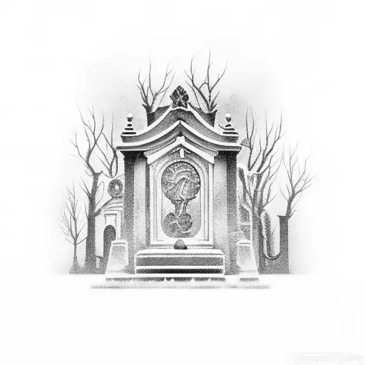 A black-grey tattoo featuring a hauntingly beautiful graveyard tattoo design idea