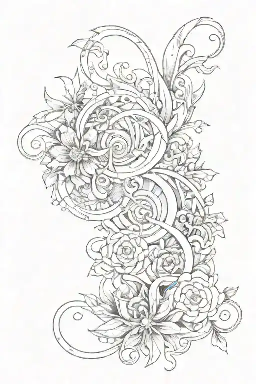 Design an intricate upper arm tattoo that combines various elements into a harmonious, flowing composition. At the cente tattoo design idea