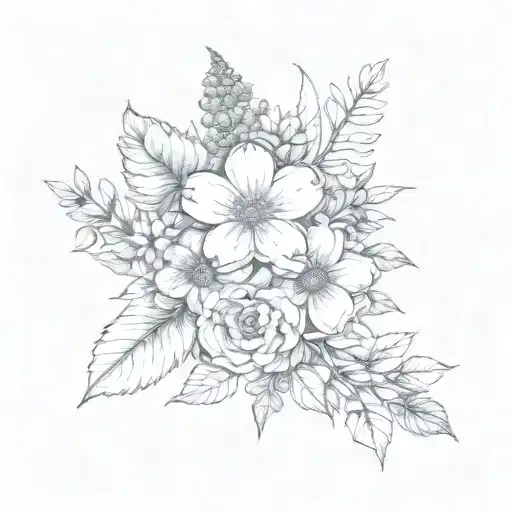 bouquet with birth flowers from February, April, May, June, and december tattoo design idea