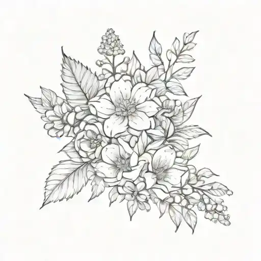 bouquet with birth flowers from February, April, May, June, and december tattoo design idea