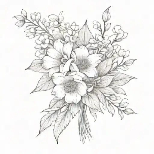 a bouquet with birth flowers from February, April, May, June, and December  tattoo design idea