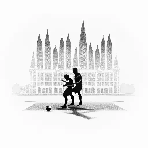 A silhouette of a father and son playing football in front of famous landmarks tattoo design idea