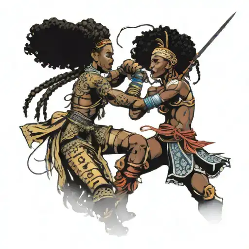 two female african warriors fighting, one with afro and one with braids, afro warrior lost fight, braids warrior won tattoo design idea