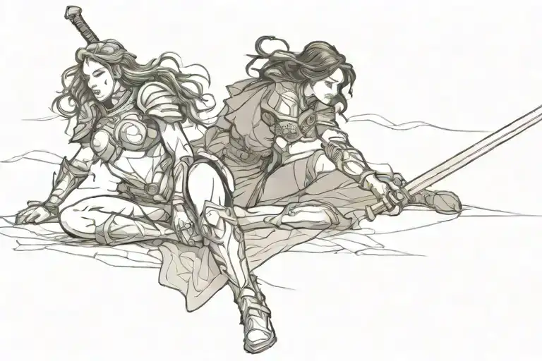 warrior woman laying on the ground with a warrior woman standing over her with a sword  tattoo design idea