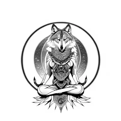 DMT wolf meditating in lost time and space tattoo design idea