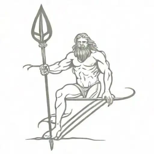 Poseidon holding his trident with sharks and some Gothic bats in the air tattoo design idea