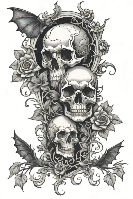 skulls and flowers and moon and bats and trees and skeleton and surrounding  tattoo design idea