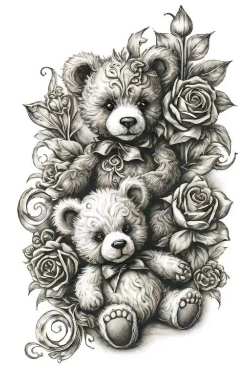two teddy bears and fleur-de-lis flower tattoo design idea