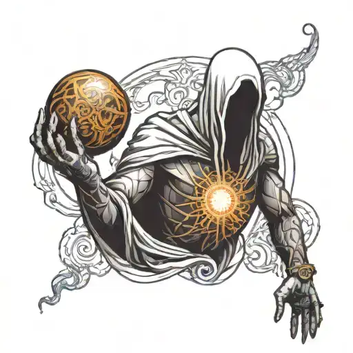 Faceless statue standing with a ball of light in one hand and the other hand om the shoulder of a faceless statue that i tattoo design idea