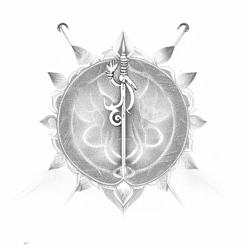 shiva's trident on the foreground with Ganesh's tusk below the trident and Vishnu's chakram as the backdrop tattoo design idea